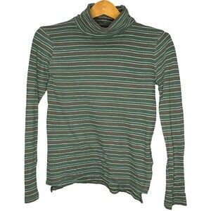 Madewell Whisper Cotton Turtleneck Women Medium Green Ivorton Stripe Long Sleeve